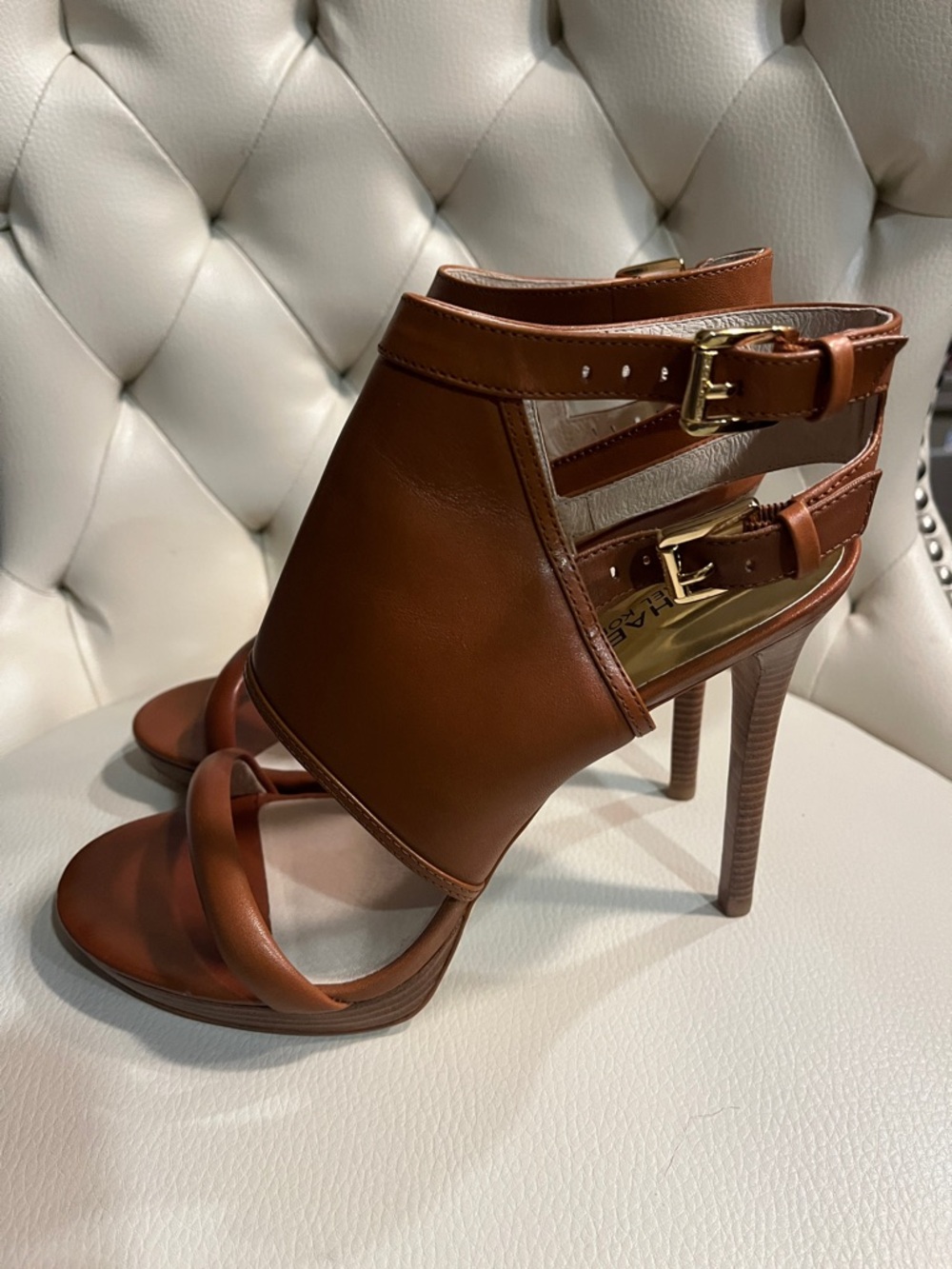 Michael Kors Cognac Leather High-Heel Sandals Size 8.5 - Picture 3 of 10